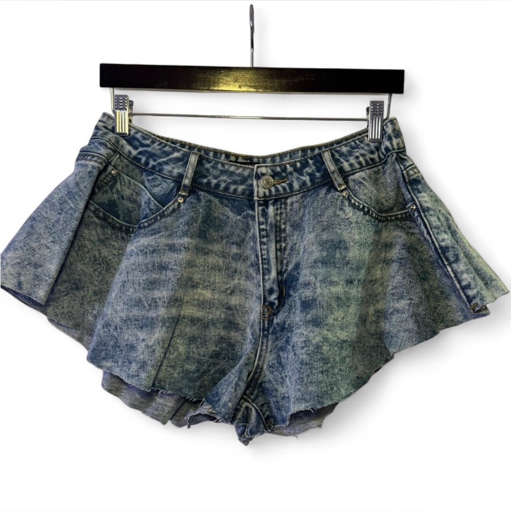 Denim Ruffle Hem Jean Shorts - Blue
